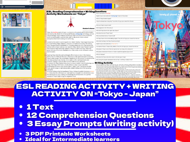 ESL Reading Comprehension + Writing Activity Worksheets on "Tokyo" - Japan