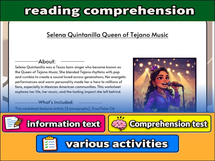 Selena Quintanilla Queen of Tejano Music & Comprehension Test