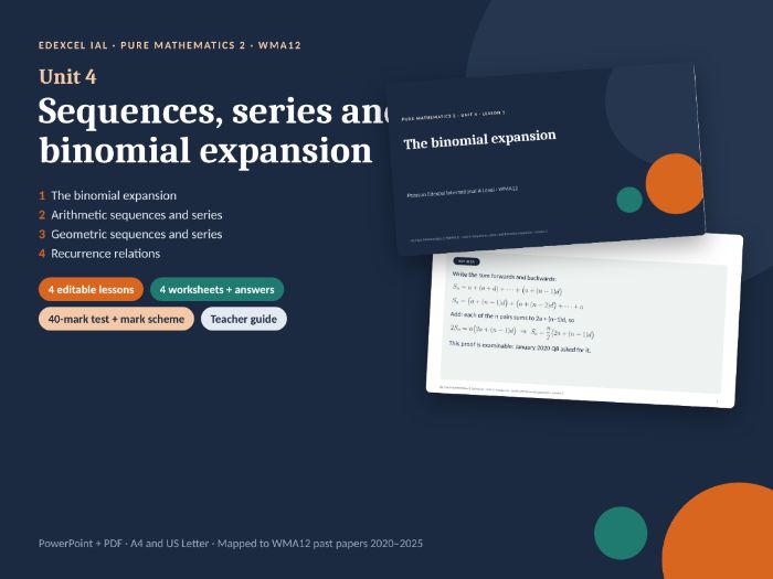 IAL P2 Sequences, Series & Binomial (WMA12) – Edexcel IAL Unit 4: 4 Editable Lessons, Worksheets & T