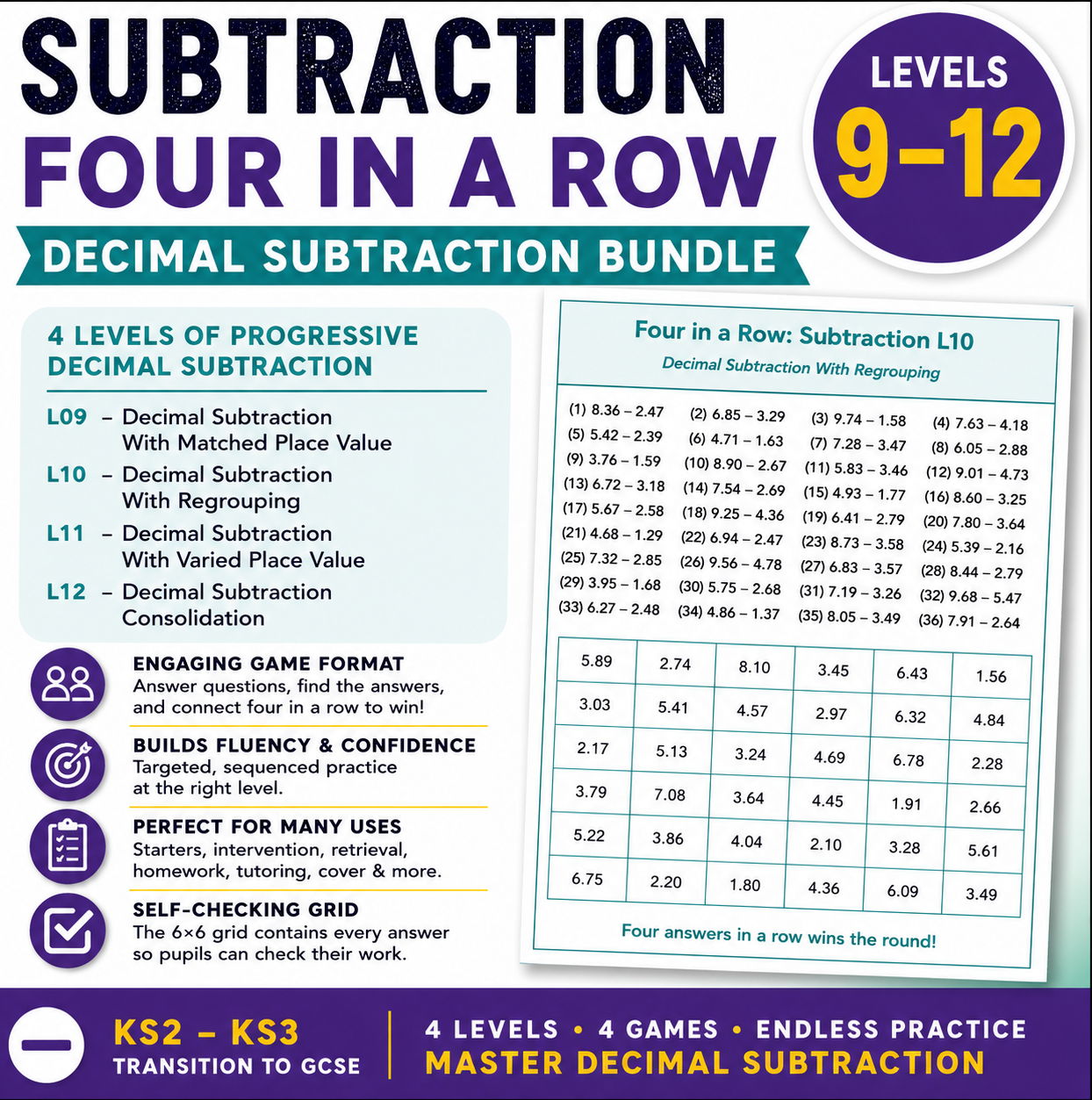 Decimal Subtraction Four in a Row Bundle | Levels 9–12