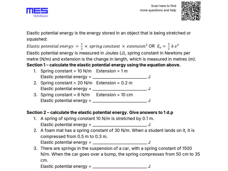 GCSE Physics AQA FT Topic 1: Elastic Potential Energy Worksheet