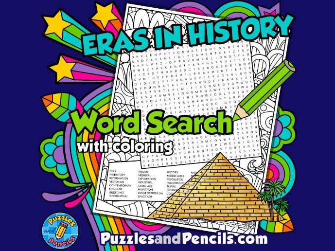 Eras in World History Word Search Puzzle Activity with Colouring