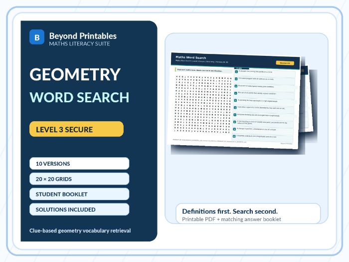 Geometry Level 3 Maths Word Search | 10 Printable Vocabulary Puzzles with Solutions