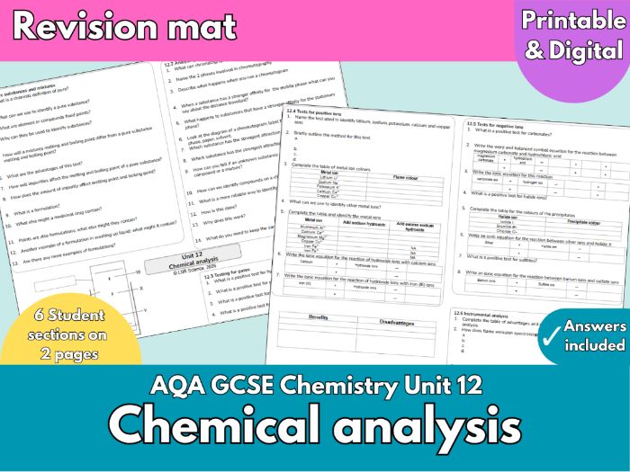 AQA GCSE Chemistry Unit 12 | Chemical Analysis Revision Mat | Chromatography, Flame Tests Ion Tests