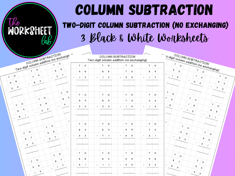 Two-Digit Column Subtraction on Squared Paper (No Exchanging) Worksheets in Black & White