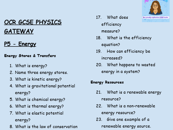 OCR GCSE Physics P5 Retrieval Practice – Low-Stakes Questions on Energy, Work and Efficiency