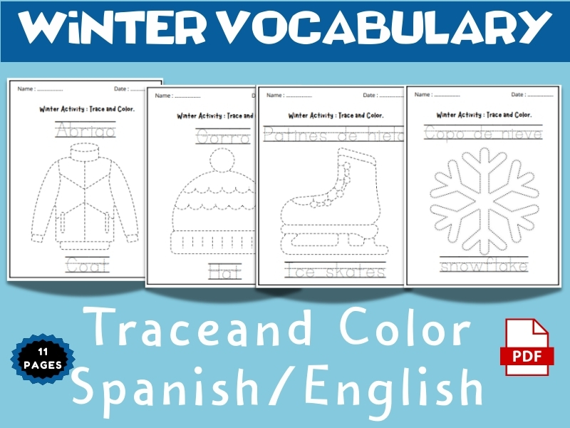 Winter Spanish and English Vocabulary – Trace and Color Activity