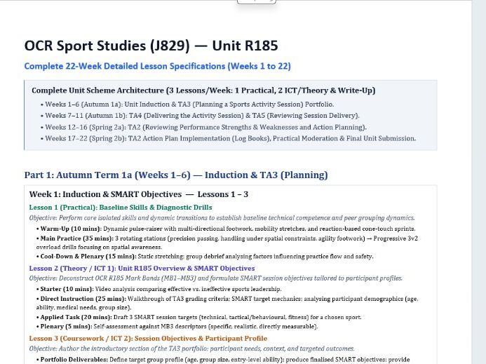 OCR Cambridge National Sports Studies R185 FULL Lesson by Lesson Guide
