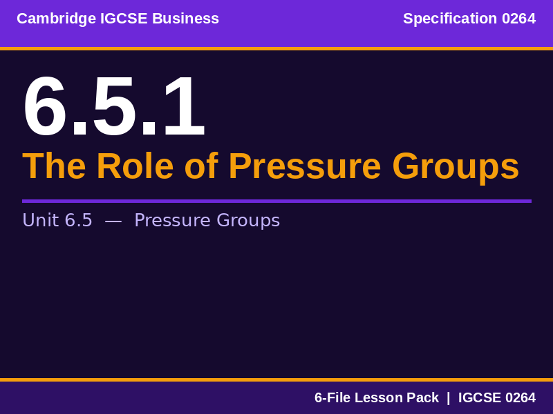Cambridge IGCSE Business 0264 | 6.5.1 Pressure Groups | Lesson Pack