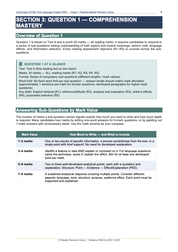 CIE IGCSE English First Language (0500) Paper 1 Reading Master Revision ...