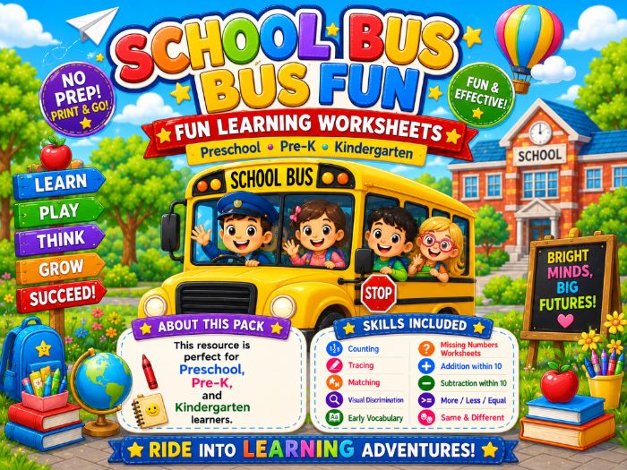 School Bus Worksheets for Preschool & Kindergarten | Counting, Tracing, Matching & Math Activities