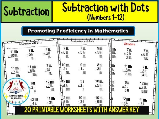 Subtraction with Dots (1–12) – Long Format Beginner Level Worksheets Practice Activity