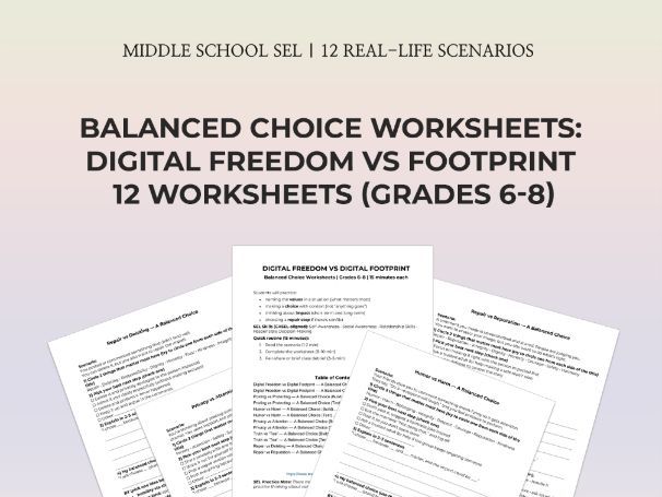 Middle School SEL Digital Freedom vs Footprint 12 No-Prep 15-Min PDF Worksheets