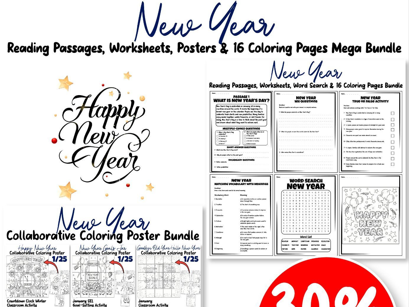 New Year Reading Passages, Worksheets, Posters & 16 Coloring Pages Mega Bundle