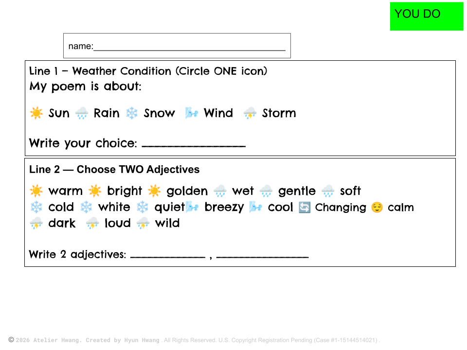 Grade 1 Weather Cinquain Poem: Visual Writing Workshop with Sentence Stems