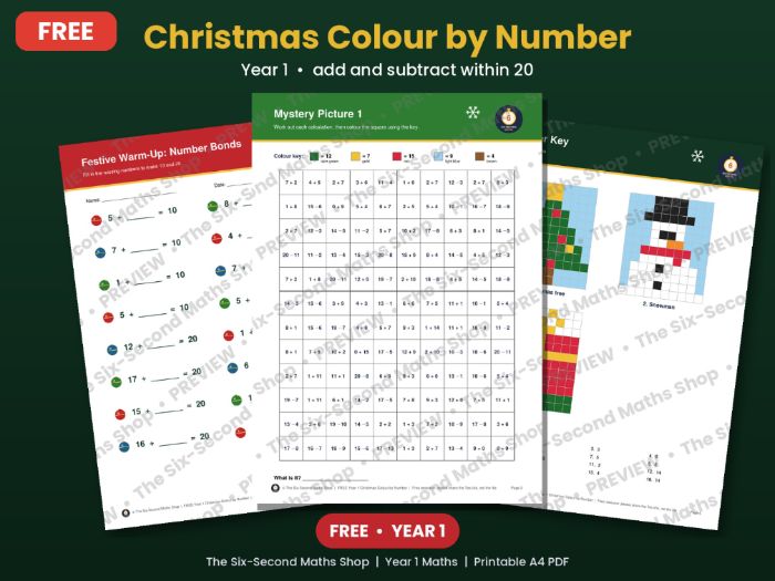 FREE Year 1 Christmas Maths Colour by Number | Addition and Subtraction within 20