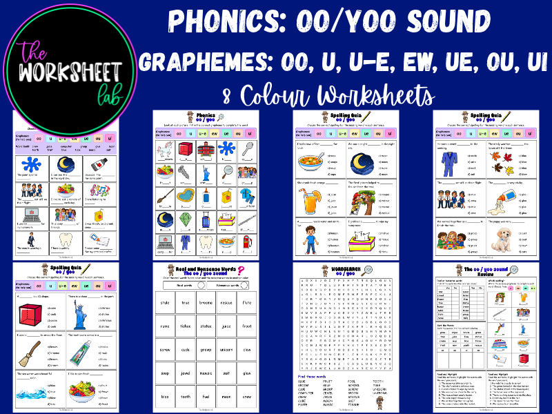 OO/YOO Sound Phonics Worksheets, Graphemes: oo, u, u-e, ew, ue, ou, ui
