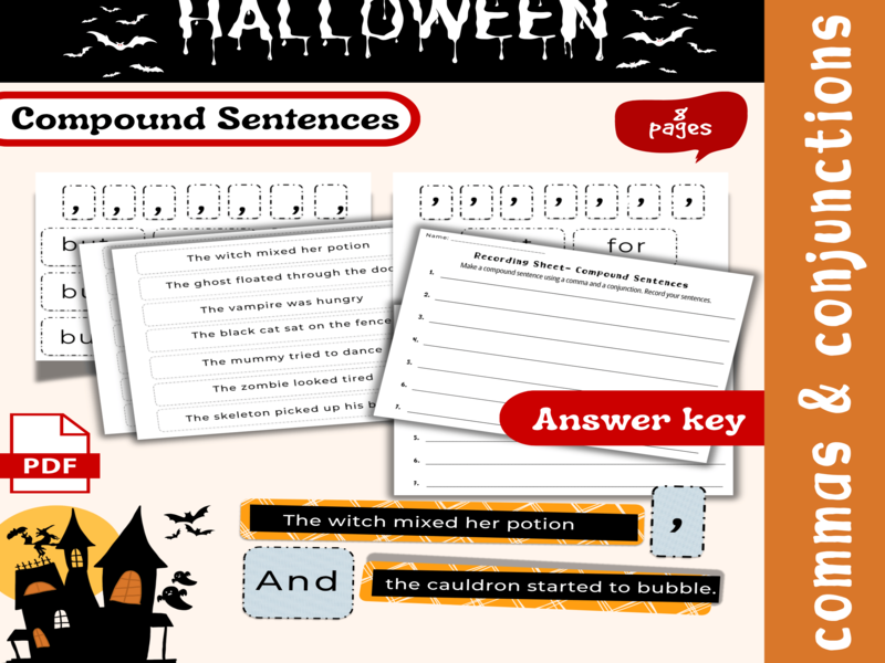 Halloween Compound Sentences Commas & Conjunctions | Grammar Activity octobre