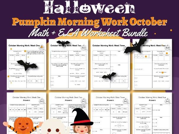Second Grade Pumpkin Morning Work October | Math + ELA Worksheet Bundle | Halloween Theme