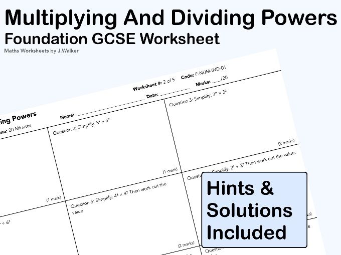 GCSE Maths Worksheet: Multiplying and Dividing Powers - Foundation Tier
