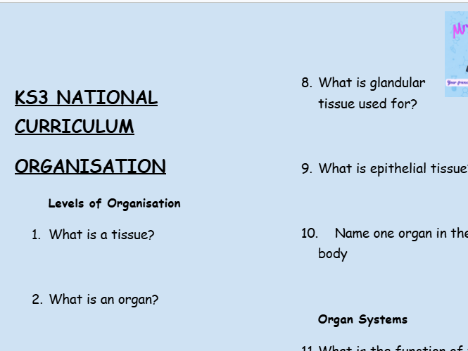 KS3 Science Retrieval Practice – Organisation (30 Questions + Answers)