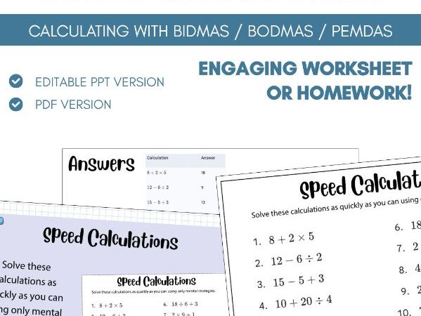 Speed Calculations | Worksheet Task | BIDMAS | BODMAS | PEMDAS