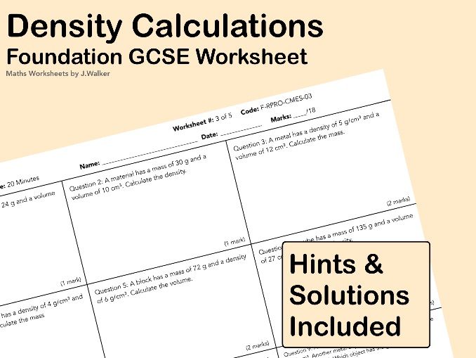 GCSE Maths Worksheet: Density Calculations - Foundation Tier