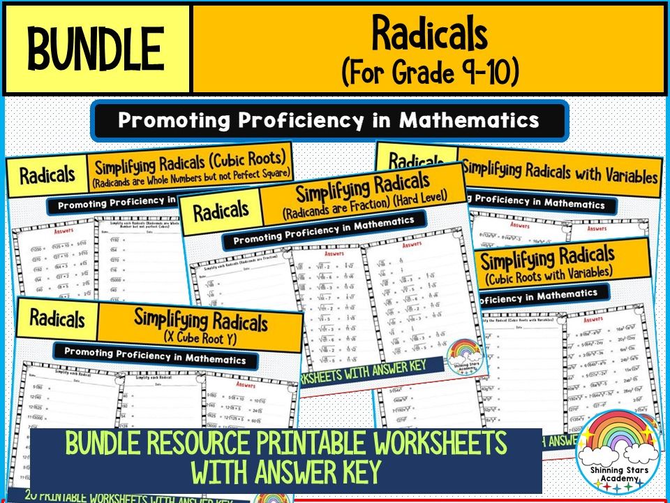 RADICALS Worksheets BUNDLE for GRADES 9–10 | Simplifying, Operations, Rationalizing & Solving Equations