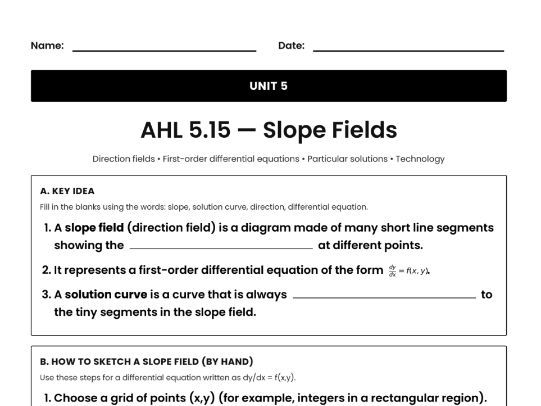IB Math AI Worksheet AHL 5.15 - Slope Fields