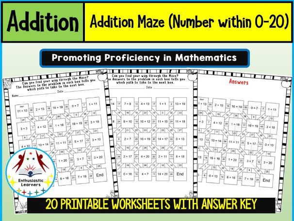 Addition Number Maze (Numbers within 0–20) Worksheets Math Problems