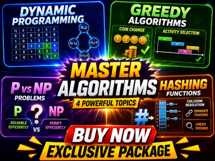 Dynamic programming, Greedy algorithms, P vs NP problems, Hashing functions and collision resolution