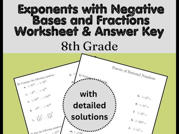 Exponents with Negative Bases and Fractions Worksheet & Answer Key | 8th Grade