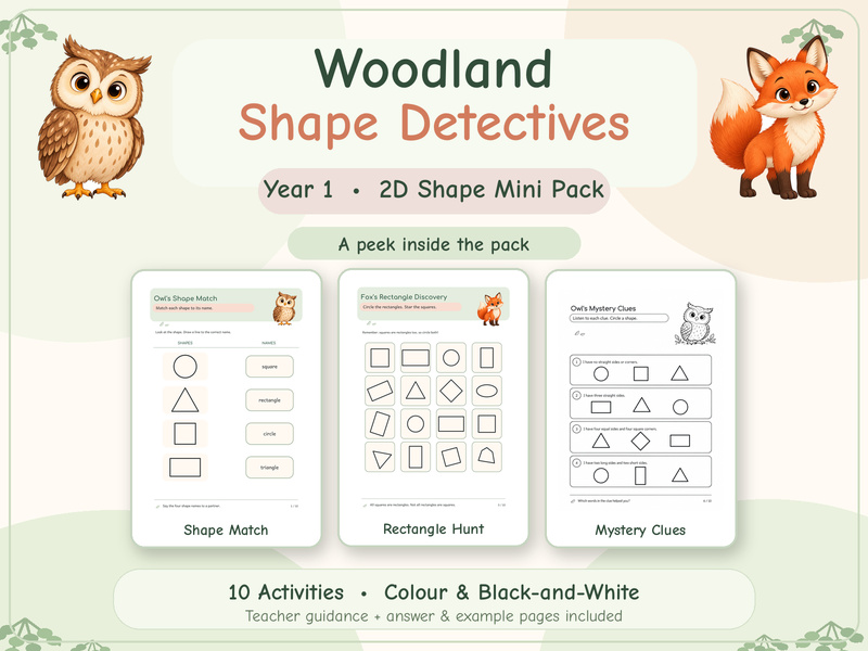 Woodland Shape Detectives | Year 1 2D Shapes | 10 Maths Activities | Colour & B&W