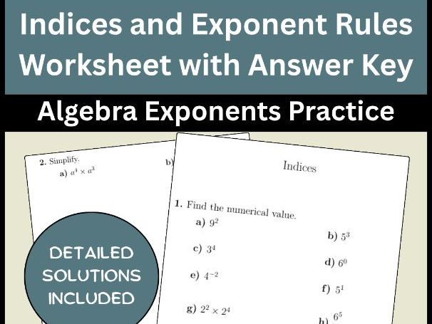 Indices and Exponent Rules Worksheet with Answer Key Algebra Exponents Practice