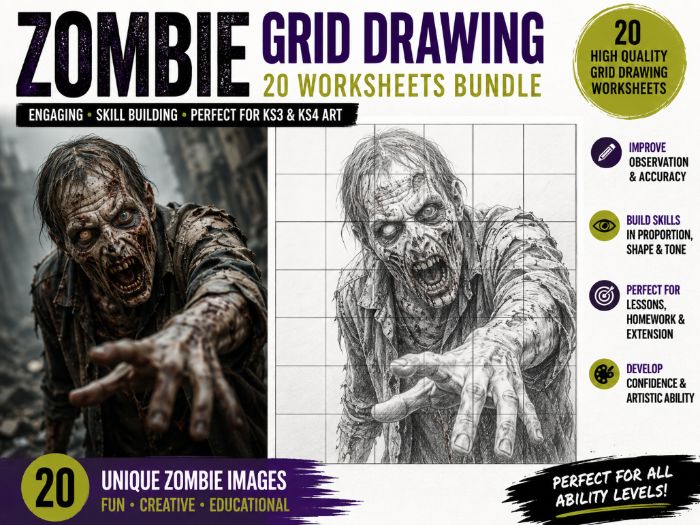 Zombie Grid Drawing Worksheets | 20 Halloween Art Activities | KS3 & KS4 Drawing Skills