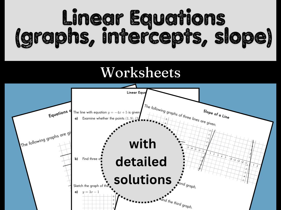 Linear Equations (graphs, intercepts, slope) Worksheets (with solutions)