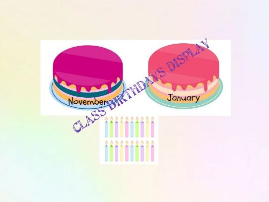 class birthdays display on colourful cakes (different colours for each month)