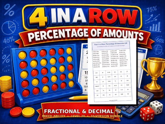 Percentage of Amounts L20 Four in a Row Bundle | Fractional & Decimal Percentages | 10 Versions