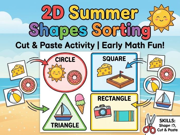 2D Summer Shapes Sorting – Cut and Paste Activity for Kids