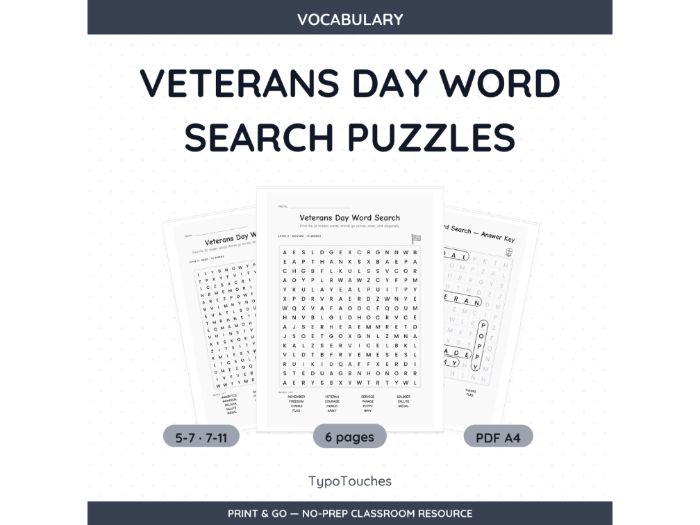 Veterans Day Word Search Puzzles | 6 pp