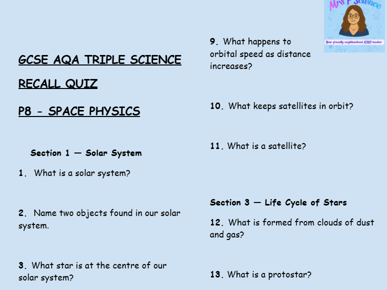 GCSE AQA Triple Physics – Space Physics Retrieval Questions