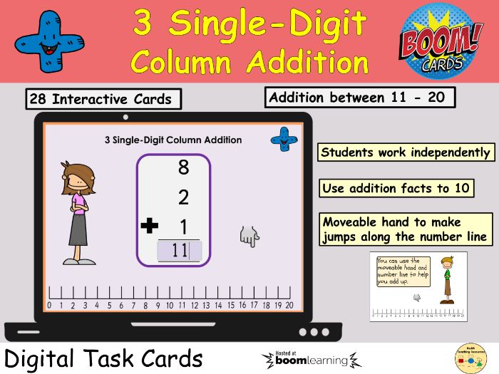 Column Addition 11 20 Adding 3 Single Digit Numbers BOOM Cards