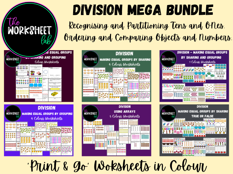 DIVISION BUNDLE - Making Equal Groups by Sharing and Grouping and Using Arrays Worksheets in Colour