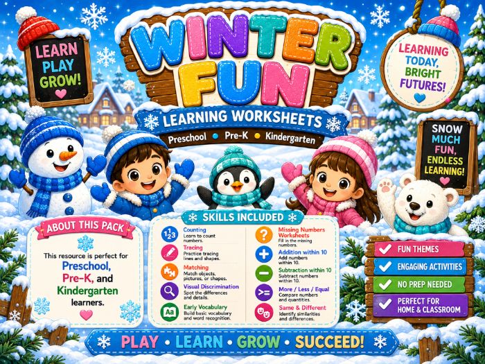 Winter Worksheets for Pre-K & Kindergarten | Math, Counting, Tracing & Matching Activities