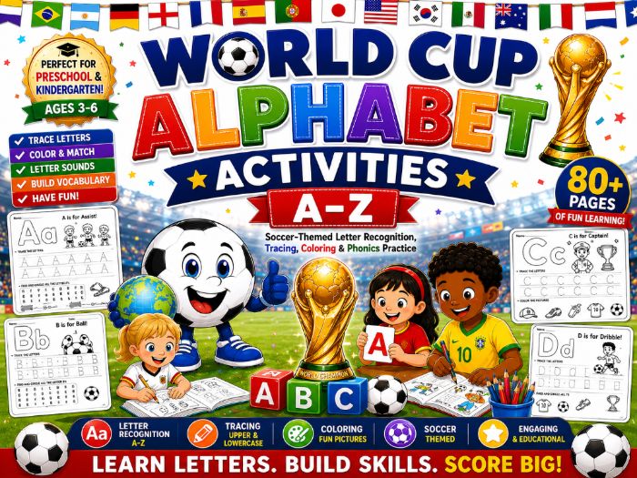 World Cup Alphabet Workbook A-Z | Soccer-Themed Letter Recognition, Tracing & Coloring Activities fo