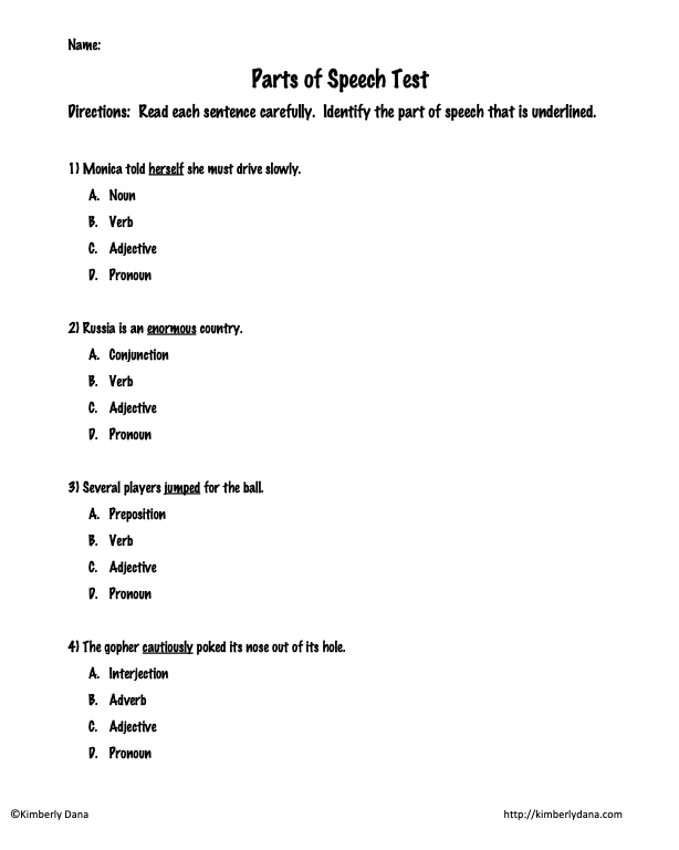 Parts Of Speech Test Assessment Teaching Resources