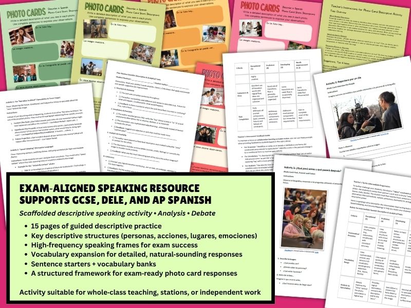 Spanish Photo Card Mastery GCSE Speaking Practice DELE A2/B1 + AP Spanish Descriptive Communication