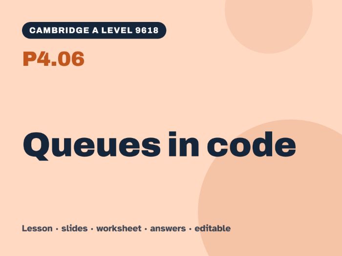 Cambridge A Level Computer Science 9618 – P4.06 Queues in code – Lesson & Worksheet
