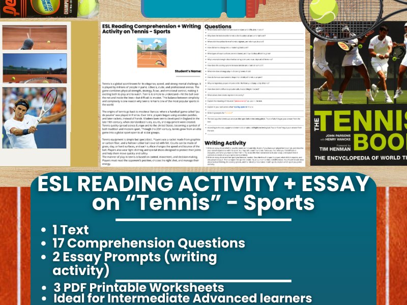 ESL Reading Comprehension + Writing Activity Worksheets - Tennis - Sports