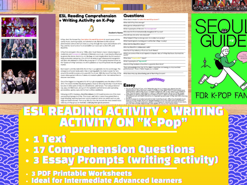 ESL Reading Comprehension + Writing Activity Worksheets on K-Pop